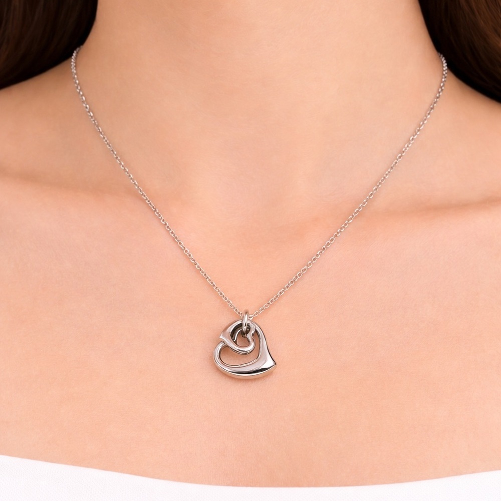 Silver Double Heart Pendant Necklace Interlocking Open Hearts Love Gift Jewelry